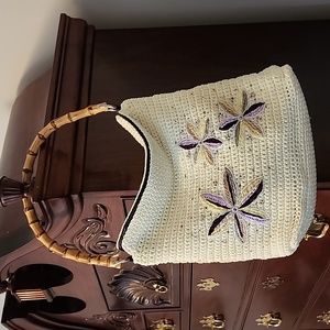 Macrame floral bag with large bamboo handles